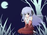  1girl aikei hakama hanyuu higurashi_no_naku_koro_ni horns japanese_clothes long_hair miko moon purple_hair red_hakama simple_background solo violet_eyes 