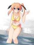  1girl bikini blue_eyes blush bow breasts cleavage cross feet_in_water female frilled_bikini frills hair_ribbon johnny_(from_scratch) lyrical_nanoha mahou_shoujo_lyrical_nanoha mahou_shoujo_lyrical_nanoha_strikers orange_hair pool poolside ribbon sitting smile soaking_feet solo swimsuit teana_lanster twintails water wet 