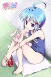  1girl ahoge barefoot blue_hair can coca-cola feet flat_chest name_tag one-piece_swimsuit original rabbit school_swimsuit sitting solo stuffed_animal stuffed_toy sweet! swimsuit tatehaya_tsuzumi violet_eyes yamai 