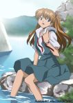  1girl :o bangs blue_eyes breasts brown_hair collared_shirt day feet_in_water from_side hair_ornament hand_on_own_chest light_rays long_hair looking_at_viewer lowres midori_(searchlight) moss mountain nature neck_ribbon neon_genesis_evangelion open_mouth outdoors pleated_skirt redhead ribbon rock school_uniform serafuku shirt short_sleeves sitting skirt sky small_breasts soaking_feet solo souryuu_asuka_langley sunbeam sunlight suspender_skirt suspenders twintails two_side_up untied watch watch water watermark web_address 