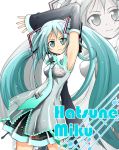  1girl aqua_eyes aqua_hair aqua_necktie armpits character_name detached_sleeves hatsune_miku headset long_hair looking_at_viewer necktie simple_background skirt solo twintails very_long_hair vocaloid white_background zara zoom_layer 