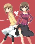  2girls black_skirt blush brown_eyes brown_hair collarbone contrapposto cowboy_shot heart heart_of_string jimeko leaning_forward leggings long_sleeves looking_at_viewer lowres multiple_girls sasaki sasaki_(suzumiya_haruhi) skirt standing suzumiya_haruhi_no_yuuutsu sweater tachibana_kyouko white_skirt 