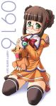  00s 1girl blush brown_hair double_bun fujisawa_yayoi fujisawa_yayoi_(uchuu_no_stellvia) glasses green_eyes green_panties hair_ornament kneeling orange_shirt panties school_uniform serafuku shirt smile solo stuffed_animal stuffed_toy teeth thigh-highs tonpuu uchuu_no_stellvia underwear zettai_ryouiki 