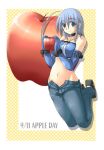  1girl apple denim elbow_gloves food fruit gloves holding holding_fruit jeans ment midriff original pants solo 