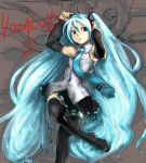  1girl aqua_hair aqua_necktie blue_eyes blue_hair boots detached_sleeves hair_ornament hand_on_headphones hatsune_miku headphones headset kimuchi legs_crossed long_hair necktie shoes sitting skirt solo tetsu_(kimuchi) thigh-highs thigh_boots twintails very_long_hair vocaloid zettai_ryouiki 