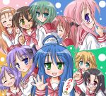  6+girls :d ahoge blonde_hair blue_eyes blue_hair blush brown_eyes brown_hair collar fang glasses green_eyes hairband hiiragi_kagami hiiragi_tomoka hiiragi_tsukasa iwasaki_minami izumi_konata kobayakawa_yutaka kusakabe_misao long_hair looking_at_viewer lucky_star minegishi_ayano multiple_girls neckerchief open_mouth orange_hair patricia_martin pink_hair pleated_skirt profile red_skirt rimless_glasses school_uniform serafuku skirt smile takara_miyuki tamura_hiyori very_long_hair violet_eyes waving 