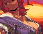 1girl 3 bored breasts cleavage evening female large_breasts looking_away number off_shoulder onozuka_komachi red_eyes redhead solo sun-3 sunset touhou upper_body 