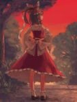  1girl bow brown_hair detached_sleeves female full_body hair_bow hakurei_reimu iwamoto_james japanese_clothes miko nature outdoors plant ribbon short_hair skirt sky solo standing touhou tree 