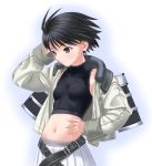  1girl antenna_hair belt black_eyes black_hair hand_on_hip idolmaster jacket kikuchi_makoto midriff nekopuchi rance_(series) sakamoto_ryouma_(rance) sakamoto_ryouma_(rance)_(cosplay) sengoku_rance short_hair skirt solo 