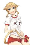  1girl animal_ears beatrice blonde_hair blue_eyes buruma cat_ears cat_tail gym_uniform solo sora_(efr) tail translated umineko_no_naku_koro_ni 