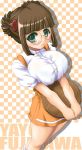  00s 1girl anna_miller breasts character_name checkered checkered_background fujisawa_yayoi fujisawa_yayoi_(uchuu_no_stellvia) huge_breasts orange_skirt skirt solo tonpuu uchuu_no_stellvia waitress 