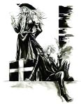  2boys allen_walker bow bowtie box cigarette cross_marian d.gray-man floating_hair full_body hat long_hair long_sleeves male_focus monochrome multiple_boys pants simple_background sitting smoking standing suitcase tattoo timcanpy uniform white_background wind 