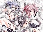  2girls bare_legs bare_shoulders blue_hair blush glasses holding holding_sword holding_weapon multiple_girls pink_eyes pink_hair redhead revealing_clothes short_hair silver_hair simple_background sword tattoo thighs twintails unsheathed vidal weapon white_background 