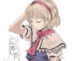  1girl 3 alice_margatroid arm_up blonde_hair capelet female frilled_sleeves frills hairband hand_in_hair number puffy_short_sleeves puffy_sleeves shanghai_doll short_hair short_sleeves simple_background sketch solo sun-3 touhou upper_body white_background 