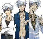 1boy age_progression akagi akagi_shigeru belt buckle cigarette collarbone expressionless holding looking_at_viewer male_focus midriff multiple_persona navel simple_background spiky_hair stomach white_background wrinkles 
