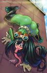  1girl ass asui_tsuyu belt black_eyes black_footwear black_hair bodysuit boku_no_hero_academia boots bow_by_hair commentary darwin_nunez day english_commentary frog_girl gloves goggles goggles_on_head green_bodysuit hair_rings highres lens_flare long_hair long_tongue loose_belt low-tied_long_hair on_wall outdoors signature skin_tight solo thick_thighs thigh-highs thigh_boots thighs tongue upside-down very_long_tongue white_gloves 