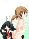  2girls :&lt; adjusting_clothes adjusting_swimsuit ass black_eyes black_hair breasts brown_eyes brown_hair butt_crack casual_one-piece_swimsuit cleavage frilled_swimsuit frills long_hair looking_back multiple_girls musical_note one-piece_swimsuit outstretched_arms quaver short_hair side_ponytail small_breasts spread_arms suou_kuyou suzumiya_haruhi_no_yuuutsu swimsuit tachibana_kyouko triangle_mouth twintails very_long_hair watsuki_ayamo 