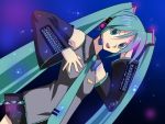  1girl aqua_hair aqua_necktie detached_sleeves hand_on_headphones hatsune_miku headphones headset long_hair necktie sanshita solo twintails very_long_hair vocaloid 