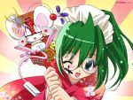  1girl :3 ;d =_= blue_eyes blush blush_stickers dango facepaint fan feathers floral_print folding_fan food galge.com glasses green_hair hagoita hanetsuki japanese_clothes japanese_flag kimono lobster looking_at_viewer mouse mouse_(galge.com) new_year one_eye_closed open_mouth original paddle paper_fan scanner_(galge.com) short_hair smile sweatdrop wagashi watermark web_address 