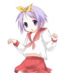  1girl bow hiiragi_tsukasa looking_at_viewer lucky_star open_mouth purple_eyes purple_hair red_bow red_skirt school_uniform serafuku simple_background skirt solo usashiro_mani white_background yellow_bow 