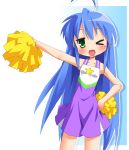  &gt;_o 1girl ahoge armpits bare_shoulders blue_hair cheerleader collarbone green_eyes hand_on_hip izumi_konata long_hair looking_at_viewer lucky_star one_eye_closed open_mouth pom_poms ramble smile solo standing standing_on_one_leg star very_long_hair wink 