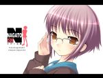  1girl adjusting_glasses bangs cardigan character_name copyright_name eyebrows eyebrows_visible_through_hair from_side glasses letterboxed long_sleeves nagato_yuki nomura_teruya orange_eyes over-rim_glasses purple_hair school_uniform semi-rimless_glasses serafuku short_hair silhouette simple_background solo suzumiya_haruhi_no_yuuutsu tagme upper_body white_background 