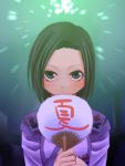  1girl aerial_fireworks black_eyes black_hair blurry depth_of_field fan final_fantasy final_fantasy_xi fireworks hume japanese_clothes kimono paper_fan solo tori tori_(torinchi) uchiwa yukata 