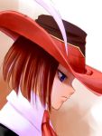  1girl blue_eyes brown_hair closed_mouth cravat feathers final_fantasy final_fantasy_xi from_side frown hat hat_feather hume portrait red_mage short_hair solo tori tori_(torinchi) 