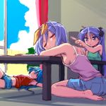  3girls armpits barefoot blue_eyes blue_hair bow breasts camisole closed_eyes clouds feet frown hair_bow hair_ribbon hiiragi_kagami hiiragi_tsukasa hot izumi_konata long_hair lucky_star lying medium_breasts midriff multiple_girls navel no_bra on_back purple_hair ribbon short_hair sideboob sitting sky sleeping small_breasts sweat table toes tsurime twintails urase_shioji wariza 