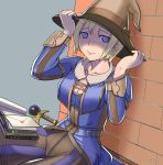  1girl black_mage blonde_hair blue_eyes blush book breasts cleavage final_fantasy final_fantasy_xi hat heart hume letter robina scepter short_hair sitting solo witch_hat 