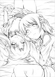  2girls bare_legs bed_sheet blush breasts cleavage knees_up looking_at_viewer monochrome multiple_girls original pointy_ears short_hair small_breasts thigh_gap yuzu_momo 