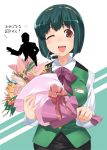  1girl bouquet brown_eyes flower green_hair hairband headset idolmaster one_eye_closed otonashi_kotori shue solo 