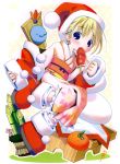  1girl :3 bamboo blonde_hair blue_eyes blush boots christmas clothes food food_in_mouth fruit hat highres japanese_clothes kimono looking_at_viewer mandarin_orange obi pop santa_boots santa_hat sash solo squid 