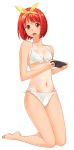  1girl :o a1 barefoot bikini bob_cut bow breasts cleavage embarrassed feet flat_chest front-tie_top groin hair_ribbon hairband handheld_game_console highres kamigishi_akari legs mound_of_venus navel one-piece_tan open_mouth pink_eyes playing_games playstation_portable redhead ribbon short_hair side-tie_bikini simple_background small_breasts soles solo surprised swimsuit tan tanline to_heart white_bikini white_swimsuit yellow_bow 