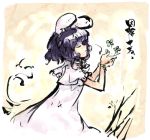  1girl animal_ears black_hair closed_eyes curly_hair dress female flower grass inaba_tewi lowres plant profile rabbit_ears solo tokiame touhou white_dress 