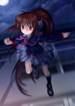  1girl bow brown_hair clenched_hand clouds key_(company) kneehighs little_busters!! long_hair moon motion_blur mutsuki_(moonknives) natsume_rin night pink_bow plaid plaid_skirt ponytail red_eyes running school_uniform serafuku skirt sky socks solo star star_(sky) starry_sky very_long_hair 