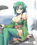  1girl boots breasts bursting_breasts cleavage d_kurouri detached_sleeves final_fantasy final_fantasy_iv green_eyes green_hair huge_breasts jewelry legs rydia smile solo thigh-highs thigh_boots thighs water 