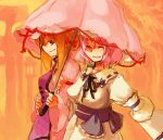  2girls blonde_hair bow female long_hair multiple_girls parasol pink_hair ribbon saigyouji_yuyuko short_hair smile tagme takishima_asaka touhou umbrella yakumo_yukari 