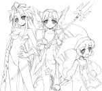  3girls angela_(seiken_densetsu_3) charlotte_(seiken_densetsu_3) flail mizuna_(water_emp-tei) monochrome multiple_girls polearm riesz seiken_densetsu seiken_densetsu_3 spear square_enix staff weapon 