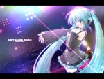  1girl akahito aqua_eyes aqua_hair aqua_necktie detached_sleeves hatsune_miku headset letterboxed long_hair necktie outstretched_hand solo thigh-highs twintails very_long_hair vocaloid 