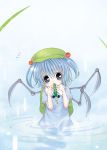  1girl blue_hair blush catbell cucumber eating female hair_bobbles hair_ornament hat kawashiro_nitori knife looking_at_viewer mechanical_arm mouth_hold partially_submerged ripples short_hair solo touhou twintails water 