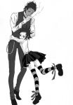  1boy 1girl cigarette collared_shirt d.gray-man dark_skin dress_shirt full_body height_difference hug katsura_hoshino loafers long_sleeves monochrome noah pants road_kamelot shirt shoes simple_background skirt smoke smoking standing striped striped_legwear thigh-highs tyki_mikk vest white_background zettai_ryouiki 