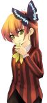  1girl androgynous butterfly food fruit holding holding_fruit lemon licking_lips redhead solo striped tongue tongue_out yellow_eyes 
