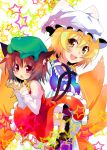  animal_ears blonde_hair brown_hair cat_ears cat_tail chen earrings fang fox_tail hat jewelry multiple_girls multiple_tails red_eyes short_hair star sw tail touhou yakumo_ran yellow_eyes 