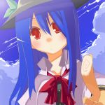  blush bow cloud clouds hat hinanawi_tenshi leaf pointing red_eyes sky solo touhou 