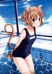  arms_behind arms_behind_back brown_eyes brown_hair cat_ears chainlink_fence doomfest fence nekomiya_nono one-piece_swimsuit orange_eyes paws pool school_swimsuit short_hair solo swimsuit tail wading water yotsunoha 