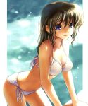  bikini blue_eyes brown_hair katahira_masashi long_hair original pool poolside side-tie_bikini swimsuit 