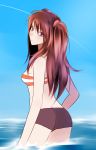  blue_eyes boyshorts butt_crack from_behind koutarou_(artist) long_hair looking_back neon_genesis_evangelion ocean orange_hair redhead shorts sky souryuu_asuka_langley striped swimsuit wading water 