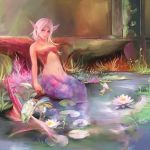  asigaru bad_id blonde_hair blue_eyes fantasy fish flower highres lotus mermaid midriff monster_girl original pointy_ears pond scales water 