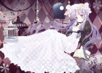  bad_id birdcage book brooch cage checkered crescent dress earrings full_moon gown hat jewelry long_dress long_hair moon night omiso omiso_(omiso) patchouli_knowledge purple_eyes purple_hair solo touhou violet_eyes window 